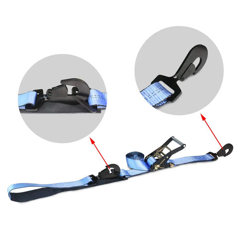 Close-up of Heavy Duty Snap Hook Ratchet Straps 2 Inch By 114 Inch Axle Tie Down Set showing hooks and locks in blue.