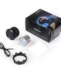 Front view of Dyno Racing 52mm digital oil pressure gauge kit with blue LED, sensor, mounting ring, and wiring.