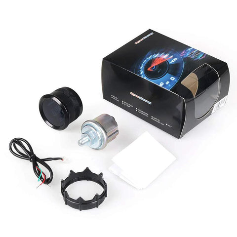Front view of Dyno Racing 52mm digital oil pressure gauge kit with blue LED, sensor, mounting ring, and wiring.