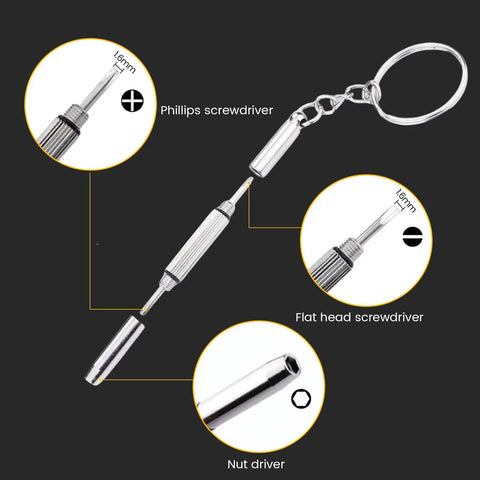 Phillips and flat head screwdrivers, nut driver of the Grab And Go All In One Eyeglass Repair Kit With 1000 Small Screws Nuts Washers