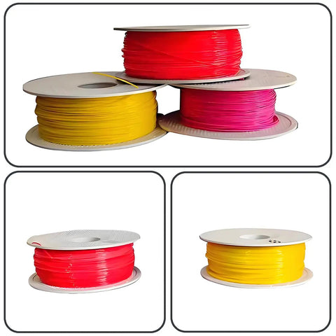 Assorted plastic filaments in red, pink, and yellow spools for Compact Desktop Filament Extruder And Maker Machine For 3D Printers.