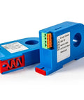 Top Shelf Hall Effect Current Transmitter Split Core Analog Output Monitor, blue plastic design, measures electrical flow in industrial settings.