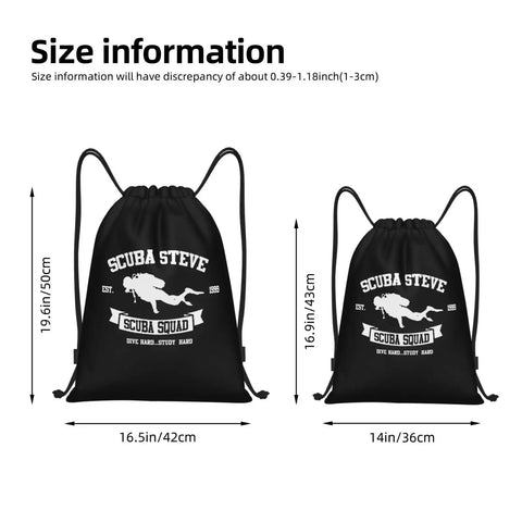 Two Scuba Steve Scuba Squa Drawstring Gym Bags with Water Resistant 210D Polyester displayed with size dimensions.