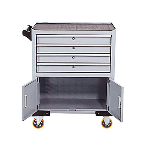 Heavy Duty Rolling Tool Cart With Lockable Cabinet And Three Drawers 440 Lbs Capacity On Wheels Built From Cold Rolled Steel Garage Workshop Tool Chest Organizer For Home, Shop, And Warehouse open cabinet front view