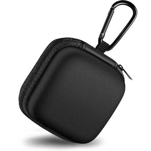 Black Carry Anywhere EVA Earbud Case With Carabiner, slim gear pouch for earphones, keys, small accessories, zippered design visible