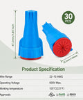 Heavy Duty Waterproof Wire Connectors With Silicone Sealant For Landscape Lighting Irrigation And Sprinkler Wiring Low Voltage 22 To 8 Awg Thirty Pack Kit, blue and red connectors showing size specifications.