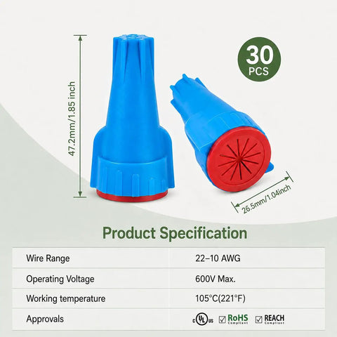 Heavy Duty Waterproof Wire Connectors With Silicone Sealant For Landscape Lighting Irrigation And Sprinkler Wiring Low Voltage 22 To 8 Awg Thirty Pack Kit, blue and red connectors showing size specifications.