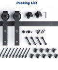 12 Foot Sliding Barn Door Hardware Track Kit With J Pulleys and Heavy Duty Ball Rollers packing list showing components and accessories