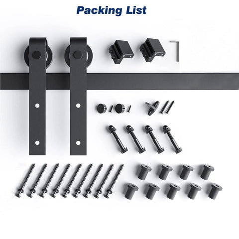 12 Foot Sliding Barn Door Hardware Track Kit With J Pulleys and Heavy Duty Ball Rollers packing list showing components and accessories