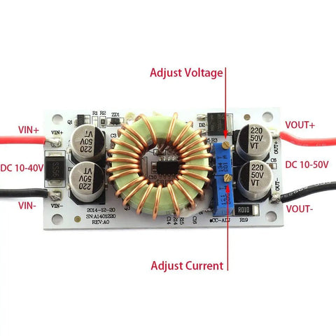 250W DC To DC Boost Converter Module With Adjustable Output From 10V To 50V And Input 10V To 40V Up To 6A Constant Voltage And Current Non Isolated Step Up Power Supply For DIY Projects, front view showing components and adjustment controls.