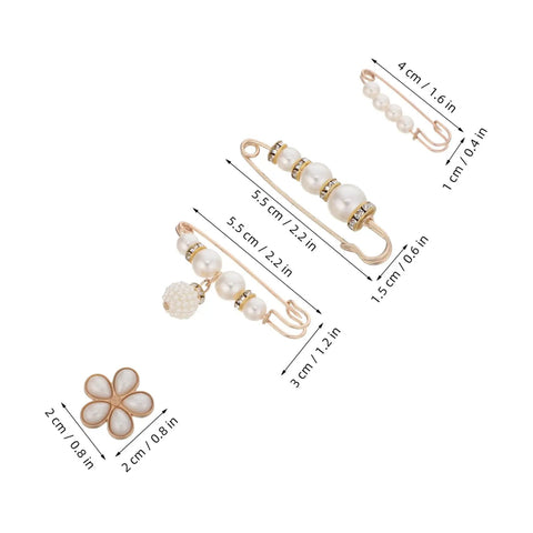 Eight Piece Pearl Waist Tightener Pins With Secure Locking Buckle System Fixes Loose Jeans And Skirts Instantly No Sew Hidden Dress Clips displayed with sizes.