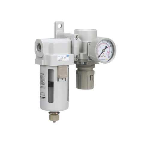 Heavy Duty Air Filter Regulator Combo With Three Quarters Inch NPT, Poly Bowl And Metal Guard, Manual Drain, Gauge, And Mounting Bracket