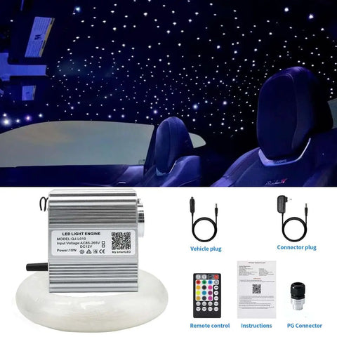 Twinkle 10W Fiber Optic Star Ceiling Kit With 450 Flexible Strands Lights, car interior view and components displayed