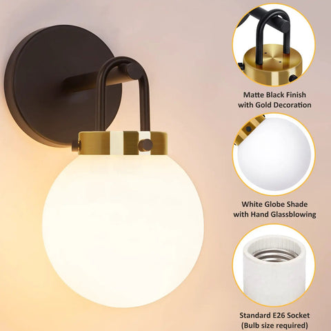 Two Pack Chic Modern Wall Sconces Matte Black And Gold with Milky Glass Globe Vanity Lighting for Bathroom Bedroom Living Room Hallway Stairs Kitchen E26 Socket Easy Install shown close-up with details of matte black finish, gold accents, white globe shade, and E26 socket.