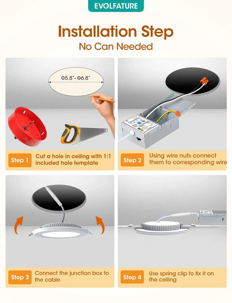 Installation steps for Ultra Thin 6 Inch LED Recessed Lights With Night Light, 14W 1300 Lumen, 5CCT Dimmable Canless Downlight.