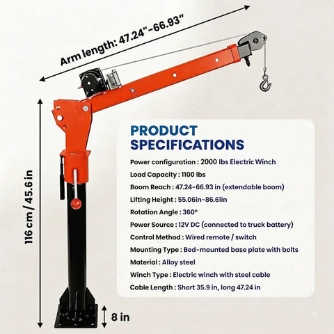 Heavy Hitter 1100 Lbs Truck Mounted Crane With 2000 Lbs Electric Winch, features extendable arm and swivel base for construction lifting.