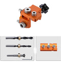 Pro Grade 3 In 1 Adjustable Wood Joinery Drill Jig Kit Precision Hole Locator Puncher showing orange jig and drill bits.