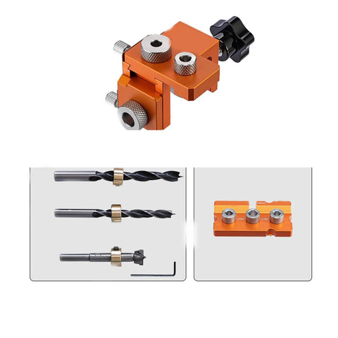 Pro Grade 3 In 1 Adjustable Wood Joinery Drill Jig Kit Precision Hole Locator Puncher showing orange jig and drill bits.