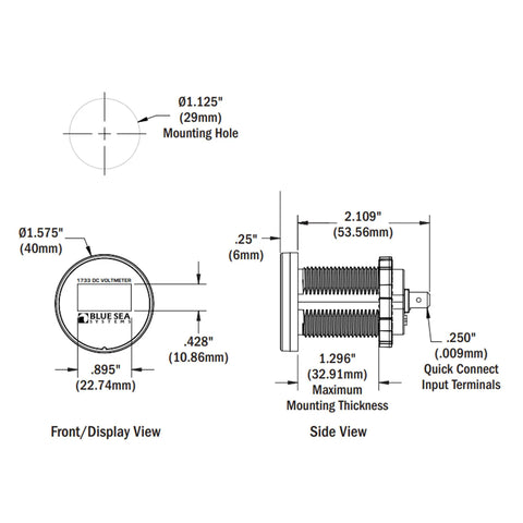 Technical diagram of Compact Dope Mini OLED DC Voltmeter in blue display for boats and RVs with measurements and mounting details