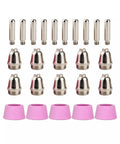 55 Amp Plasma Cutter Nozzle Kit 25 Pack For Cut 55DS including nozzles, electrodes, and pink cups arrayed on white background.