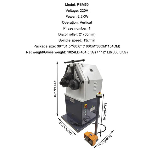 Top Shelf Electric Round Bending Machine Featuring Reversible Foot Pedal Control And Vertically Adjustable Upper Roll dimensions with specifications.