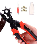 Heavy Duty Leather Hole Punch Pliers 9 Inch 6 Size Set tool punching holes in brown leather belt.