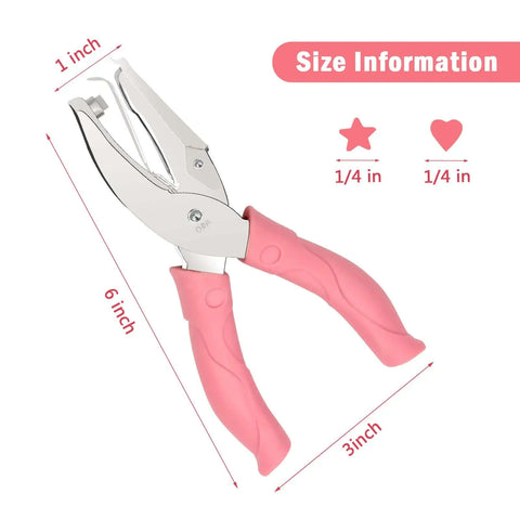 Heart And Star One Quarter Inch Metal Handheld Paper Punch Set With Soft Handled Design for crafting and scrapbooking, size details visible