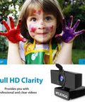 Hella Crisp 1080P USB Web Camera With Integrated Mic And Handy Privacy Flip, showing side-by-side video quality comparison with child.