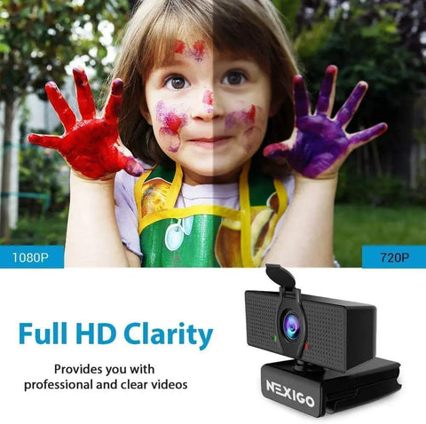 Hella Crisp 1080P USB Web Camera With Integrated Mic And Handy Privacy Flip, showing side-by-side video quality comparison with child.