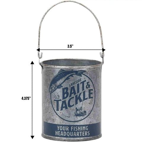 Vintage Style Metal Bucket For Fishing Gear And Home Decor Great For Tools Pencils Remotes And More Rustic Bait And Tackle Inspired Decor Storage Pail With Classic Garage Charm, metal bucket with Bait and Tackle design, 3.5 in W x 4.375 in H.