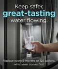Hand filling glass with water from fridge using PurePour Connect PWF-2 Water And Ice Refrigerator Filter That Keeps Your Water Tasting Fresh And Safe Reduces 99 Percent Contaminants Easy Install For Your Fam.