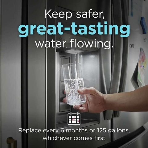 Hand filling glass with water from fridge using PurePour Connect PWF-2 Water And Ice Refrigerator Filter That Keeps Your Water Tasting Fresh And Safe Reduces 99 Percent Contaminants Easy Install For Your Fam.