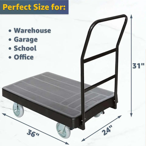 36 By 24 Inch Platform Truck Heavy Duty Plastic Utility Cart With Ergonomic Handle And 250 Lb Weight Rating Six Inch Swivel Casters With Wheel Brakes Built Like A Tank For Smooth Warehouse And Office Transport Jobs