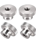 Tough Knurled Thumb Nuts 4 Pack M6 By 1mm Real Deal 304 Stainless Steel Round Fasteners For 3D Printer Parts and DIY No Sweat Assembly Project Gear With Snug Grip Silver Tone angled view of silver thumb nuts
