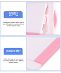 Close-up of Pink ABS and POM Kid Proof Sliding Glass Door Lock for cabinets with double button release and rubber mat details.