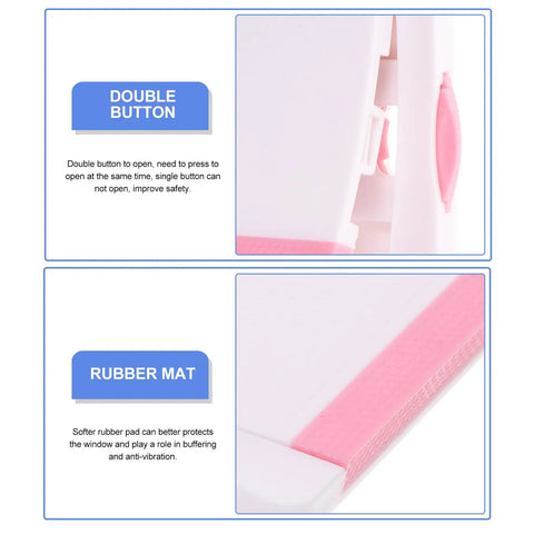 Close-up of Pink ABS and POM Kid Proof Sliding Glass Door Lock for cabinets with double button release and rubber mat details.