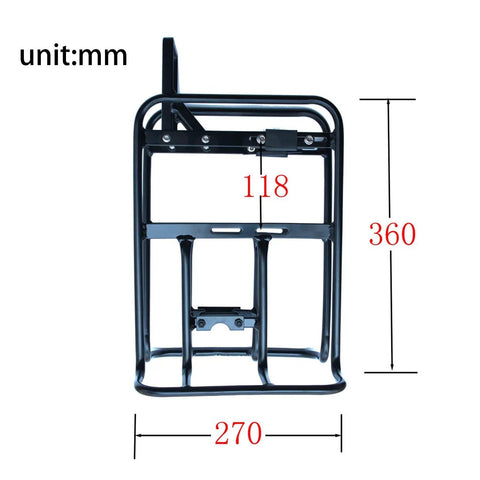 Front Bike Rack Carrier With Quick Release Replacement showing dimensions and no shaft design in black aluminum