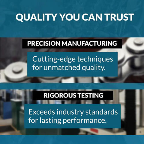 Quality assurance with text on precision manufacturing and rigorous testing for Stainless Steel Roller Chain Number 35 For Industrial Power Transmission 10 Foot Length With Two Free Connecting Links ANSI 35SS 319 Links Built Tough For Bicycles Mini Bikes Motorcycles Go Karts And Heavy Machinery.