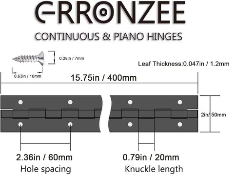 Heavy Duty 2 Piece Piano Hinges 16 Inch Continuous Stainless Steel Hinges With Mounting Screws showing measurements and details.