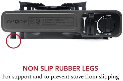 Portable Butane Camping Stove With Case Auto Ignition And Precise Heat Control shows non-slip rubber legs for stability