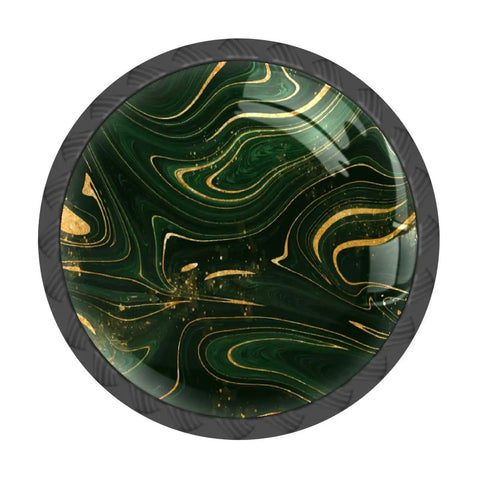 Four Pack Dope Dark Green Marble Texture Drawer Knobs Premium Crystal Glass surface with gold accents for cabinet upgrade.