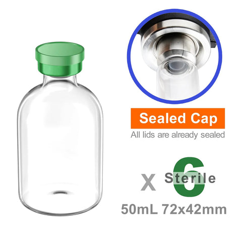 ZHANXUBIO 50ml clear sterile empty vial with green aluminum-plastic cap and self-healing injection port, 6-pack.