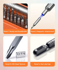 Knockout Precision Screwdriver Set Features Fifty Five Mini Bits Including Phillips Torx And Pentalobe For Phones Laptops Controllers Drones Eyewear And Electronics Plus A Slick Pocket Ready Storage Case You Can Easily Toss In Any Bag showcasing sturdy durable bits and magnetic attachment with CrV steel texture and non-slip cap.