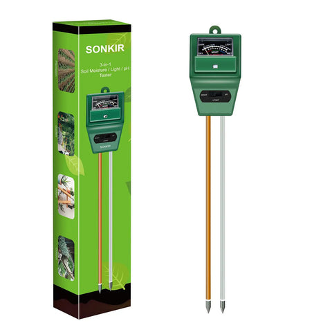 3 In 1 Soil Moisture Light And PH Tester For Garden Lawn Farm Care, All Purpose Gardening Tool Kit For Indoor Outdoor Use with packaging