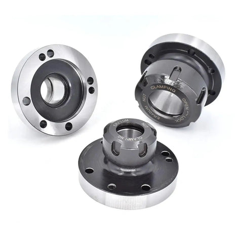 Three Premium Mini Flange Four Axis Collet Chucks for Lathe Tool, 80mm and 100mm, high precision carbon steel, ER16 ER25 ER32 ER40 ER50 compatible.