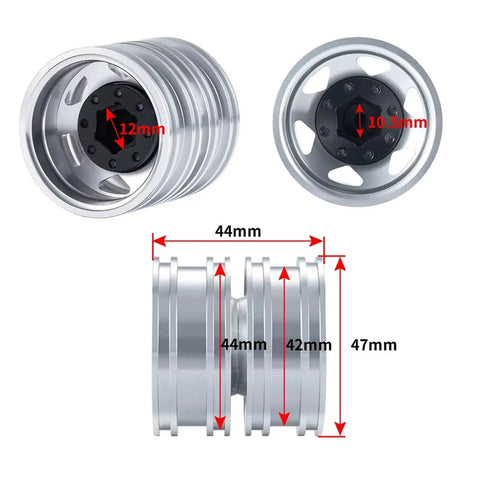 RC Car Repair Kit One Fourteenth Scale Aluminum Alloy Front And Rear Wheel Rim Hub 6x6 Set with dimensions shown