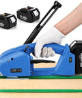 Handy Workhorse Semi Automatic Electric Strapping Machine Dual 4000mAh Batteries Manual Tensioning Control used on cardboard box.