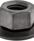 Front view of metal flanged hex nut with built-in washer, automotive part
