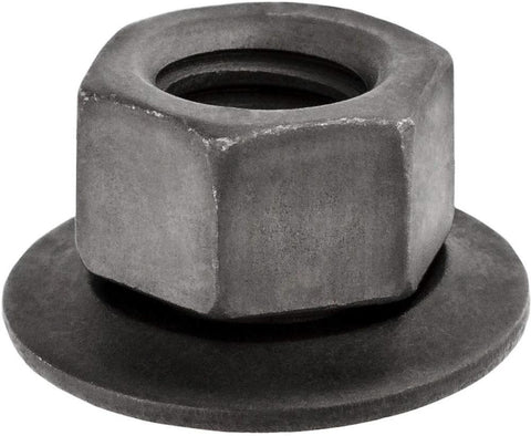 Front view of metal flanged hex nut with built-in washer, automotive part