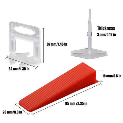 Pro Grade Tile Leveling System Kit 1/8 Inch With 500 Spacers 100 Wedges And 1 Floor Tile Plier Lever components with dimensions